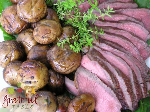 Roast beef w/ Marinated Mushrooms, barbequed on grill