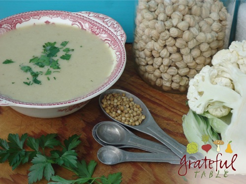 Bowl of soup: Garbanzo beans, coriander seeds, cauliflower