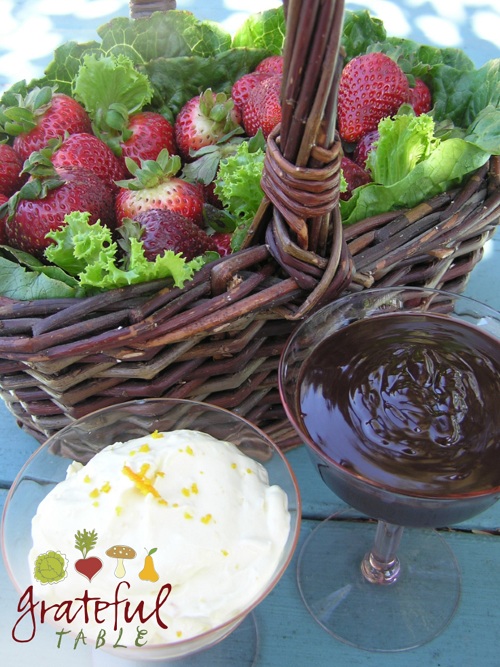 Easy Chocolate Dip in stemmed glass, w/ Strawberries in basket