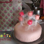 Pink birthday cake decorated w/ dipped marshmallows on a stick