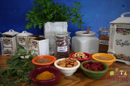 Spices, Herbs, Nuts, Dried Fruits, Chocolate: A display of High-ORAC foods