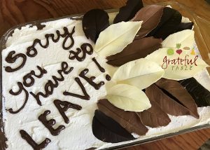Sorry you have to LEAVE (chocolate leaves decorate going away cake)